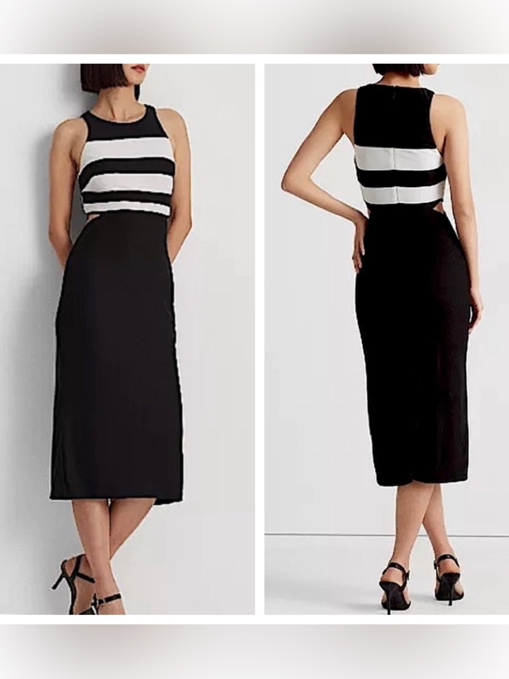Lauren Ralph Lauren Black Label Striped Cutout Stretch Midi Dress Size 10 Preppy
